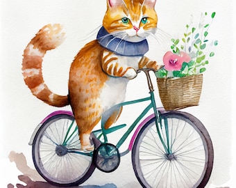 Imágenes prediseñadas de gatos en bicicleta en acuarela: PNG de 300 DPI, uso comercial