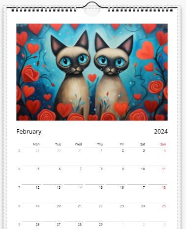 Calendrier artistique de chat siamois 2024, peinture calendrier