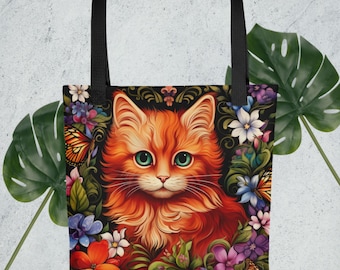 Bolso de mano con colgante de Europa del Este: gato, flores, mariposas, 15 × 15 pulg.