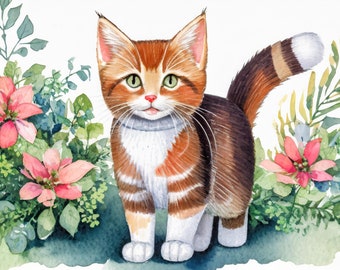 Colección PNG de gatos en acuarela: Ilustraciones de campos florales (uso personal y comercial)