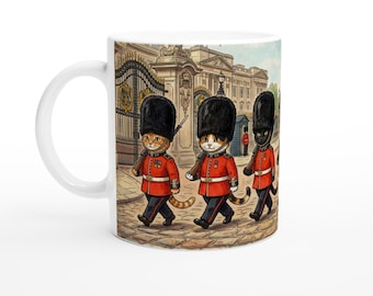 Taza de cerámica blanca brillante de 325 ml con diseño de gatos del Palacio de Buckingham, Londres.