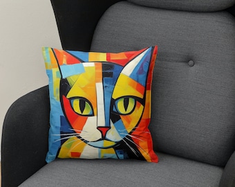 Enchanting Cubist Cat Cojín - Gamuza sintética reversible - Lavable a máquina - Hecho en el Reino Unido