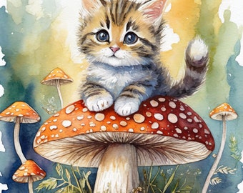 Imágenes prediseñadas de gatito sobre hongo: archivos PNG de acuarela (uso comercial)