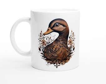 Taza de cerámica blanca con diseño de pato de henna - Acabado brillante de 11 oz - Regalo para los amantes de los patos