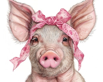 Clipart de cerdita coqueta: Archivos PNG de lazo rosa para impresión bajo demanda (descarga digital)