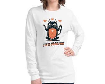 Camiseta versátil de manga larga Yoga Cat - Cómoda mezcla de algodón