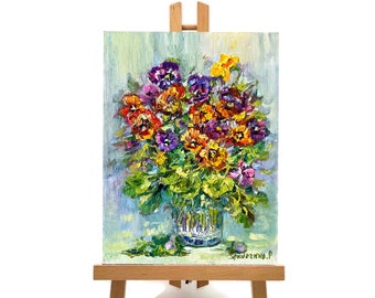 Small oil painting forest colorful violets flower art gift for women violet painting wall art 6х8inch