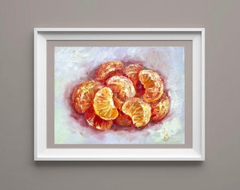 Small oil painting on canvas Mandarin slices still life fruit art