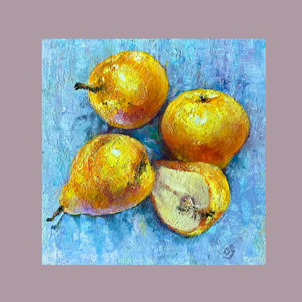 Small Oil Painting on Wood Panel 6x6inch Still Life with Pears Fruit Art Wall Art Kitchen Art