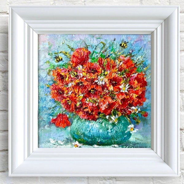 Original oil painting bouquet of field poppies flower art wall art painting red poppies woman gift