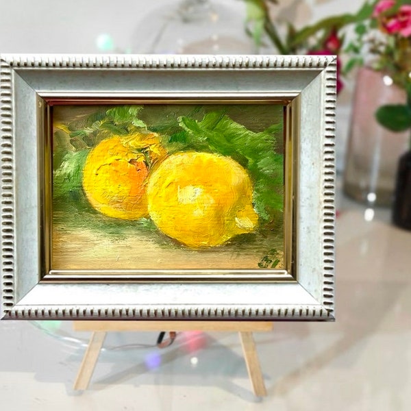 Miniature original oil painting lemons fruit art still life lemons miniature gift