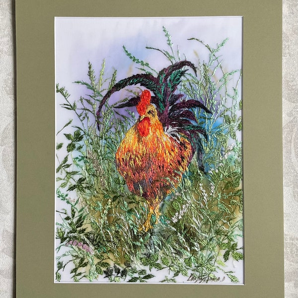 Bright rooster in a meadow Handmade 3d  embroidery Wall art Embroidery art Ukrainian art