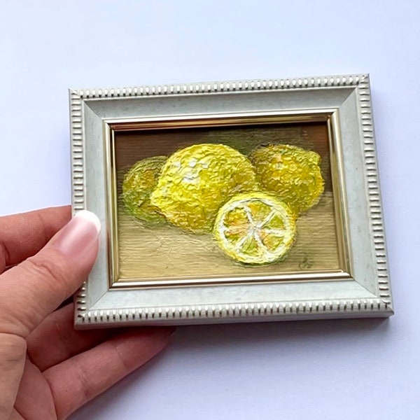 Miniature oil painting still life lemons 3х2inch miniature art fruit art