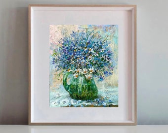 Bouquet of forget-me-nots with daisies  Original oil painting on canvas 8x9inch Flower painting Forget-me-nots gift for women Meadow Melody