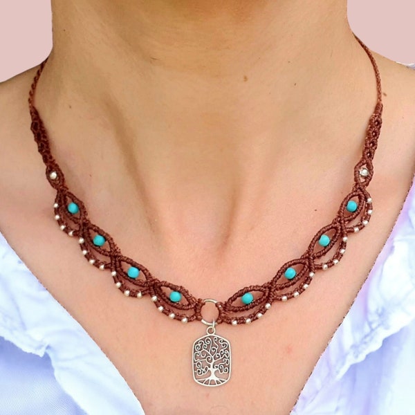 collier ras de cou perles naturelles et arbre de vie en macramé, cadeau pour femme