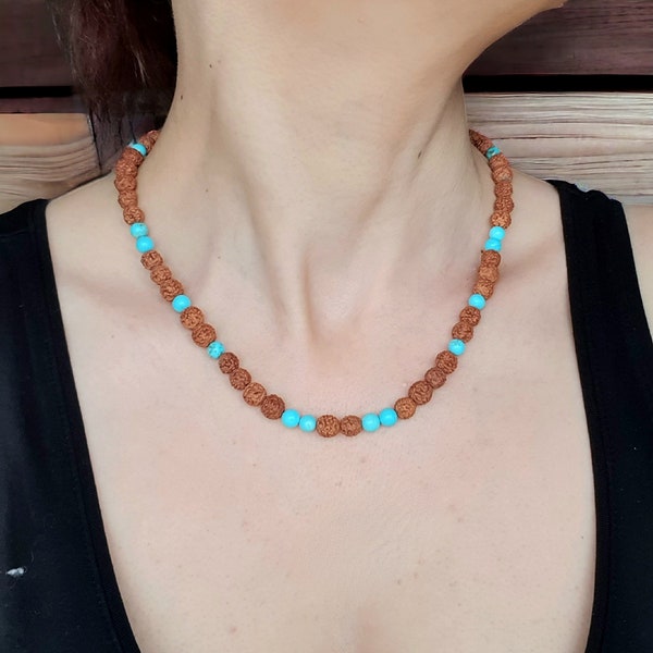 Collier Rudraksha et Howlite Bleue | Bijoux Pierres Naturelles Minimalistes, Artisanaux - Cadeau Unique pour Femme, Fait Main