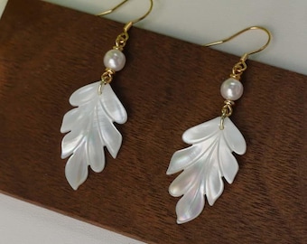 Pearl Drop Jewelry Mother of Pearl Earrings Leaf Pearl Necklace Wedding Jewelry Set Bridal Earrings Gift For Bridesmaids Birthday Gift