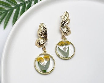 Real Flower Earrings Pressed Flower Earrings, Dangle Drop Earrings, Handmade Jewelry Boho Earrings, gift for her, Butterfly Floral Earrings