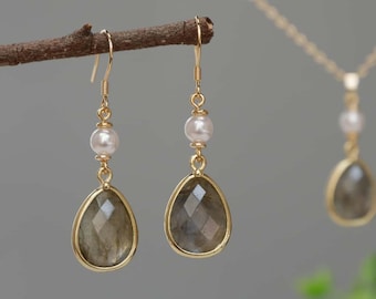 Labradorite Pearl Drop Earrings Labradorite Necklace Labradorite Gemstone Jewelry Set Wedding Jewelry Christmas Birthday Gift For Her