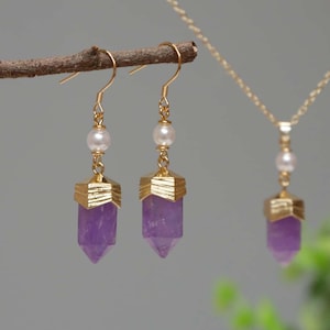 Healing Amethyst Jewelry Set Crystal Pearl Drop Earrings Purple Quartz Necklace Gemstone Wedding Jewelry Birthday Gift For Her Christmas