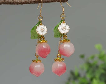 Peach Earrings Glass Fruit Earrings Food Dangle Earrings Cute Sweet Earrings Hypoallergenic S925 Silver Gift For Her Birthday Gift Christmas