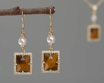Tiger's Eye Jewelry Set Tigers Eye Earrings Tigers Eye Necklace Crystal Gemstone Pearl Drop Earrings Birthday Christmas Gift For Her