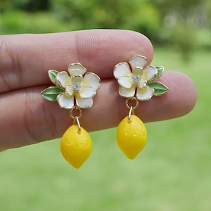 Lemon Earrings Cute Fruit Earrings Floral Earrings Lemon Jewelry Fun Food Earrings Gift For Her Summer Earrings Birthday Gift Christmas Gift