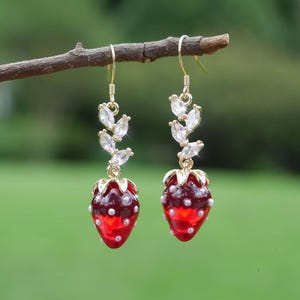 Strawberry Earrings Fruit Earrings Cute Berry Earrings Cubic Zirconia Leaf Strawberry Earrings Dangle Drop Earrings Gift For Her Birthday