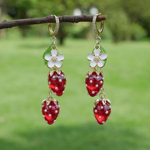 Strawberry Earrings Cute Fruit Earrings Dangle Hoop Earrings Red Berry Earrings Strawberry Jewelry Gift For Her Birthday Gift Christmas Gift