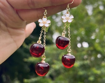 Cherry Earrings, Cute Kawaii Red Cherry Drop Earrings, Handmade Resin Dangle Earrings, Food Fruit Earrings, Gift For Her, Birthday Xmas Gift