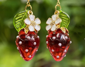 Strawberry Earrings Fruit Food Earrings Jewelry Dangle & Drop Earrings Resin Berry Earrings Christmas Earrings Gift For Her