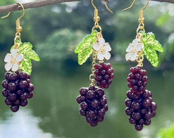 Grape Earrings Food Dangle Earrings Cute Kawaii Drop Earrings Jewelry Gift For Women Handmade Fruit Earrings Birthday Gift Daughter Earrings