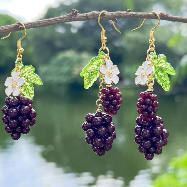 Boucles d'oreilles raisins boucles d'oreilles pendantes aliments mignons Kawaii boucles d'oreilles pendantes bijoux cadeau pour femme boucles d'oreilles fruits faits à la main cadeau d'anniversaire boucles d'oreilles fille