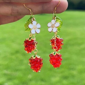 Raspberry Earrings Glass Fruit Earrings Food Jewelry Dangle & Drop Earrings Birthday Gift For Her Christmas Earrings Cute Kawaii Berry