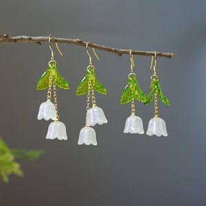 Lily of the Valley Earrings White Fairy Flower Dangle Earrings Bell Orchid Wedding Earrings Bridal Jewelry bridesmaid earrings birthday gift Package ( 2 Pairs )