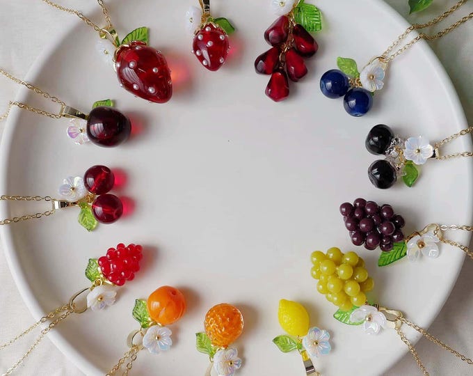 Fruit Necklace Strawberry Necklace Pomegranate Seed Necklace Blueberry Necklace Lemon Necklace Raspberry Grape Cherry Orange Necklace Gift