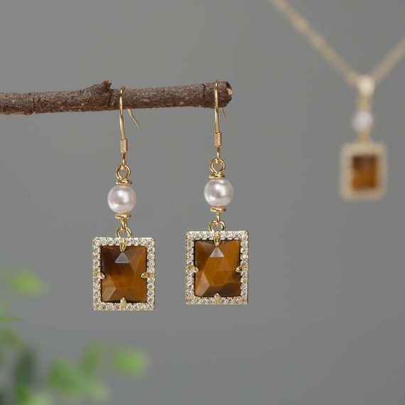 Tiger's Eye Jewelry Set Tigers Eye Earrings Tigers Eye Necklace Crystal Gemstone Pearl Drop Earrings Birthday Christmas Gift For Her