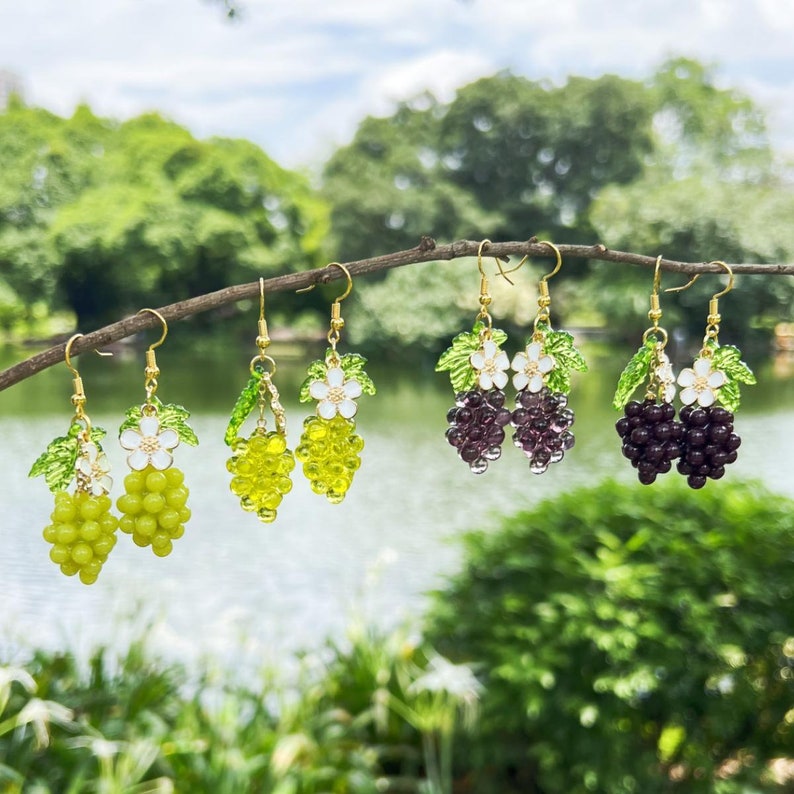 Grape Earrings Food Dangle Earrings Cute Kawaii Drop Earrings Jewelry Gift For Women Handmade Fruit Earrings Birthday Gift Daughter Earrings image 2