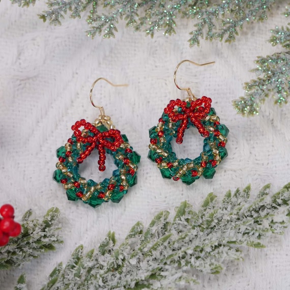 Christmas Earrings Beaded Earrings Christmas Wreath Earrings Cherry Earrings Christmas Tree Earrings Christmas Gift For Her New Year Earring