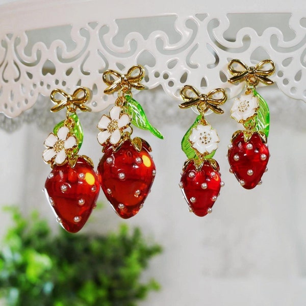 Strawberry Earrings Cute Bow Earrings Fruit Food Flower Dangle Drop Jewelry Resin Pearl Berry Handmade Gifts For Her Birthday Christmas