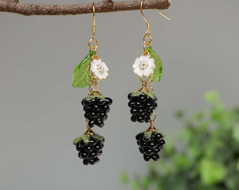 Blackberry Earrings Glass Fruit Earrings Cute Gothic Earrings Dangle Drop Earrings Halloween Earrings Gift For Her Birthday Gift Christmas