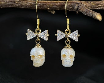 Parel schedel oorbellen 925 sterling zilver haak handgesneden zoetwaterparel bruiloft gothic punk boog sieraden cadeau voor haar verjaardag Kerstmis