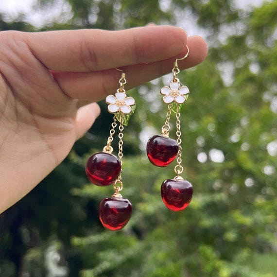 Cherry Earrings, Cute Kawaii Red Cherry Drop Earrings, Handmade Resin Dangle Earrings, Food Fruit Earrings, Gift For Her, Birthday Xmas Gift