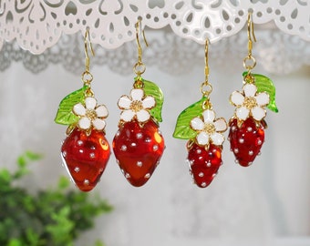 Strawberry Earrings Fruit Food Earrings Cute Dangle & Drop Earrings Handmade Jewelry Resin Berry Birthday Christmas Earrings Gifts For Her