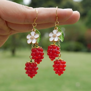 Raspberry Earrings Glass Fruit Earrings Food Jewelry Dangle & Drop Earrings Birthday Gift For Her Christmas Earrings Cute Kawaii Berry
