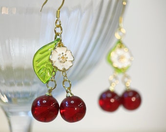 Cherry Earrings Glass Fruit Food Earrings Christmas Earrings Birthday Gift For Her New Year Earrings Cute Kawaii Dangle Red Berry Earrings