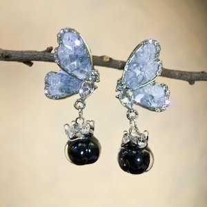 Butterfly Blueberry Earrings Glass Fruit Earrings Food Jewelry Shiny Earrings Dangle & Drop Earrings Gift For Her Mother&#39;s Day Earrings