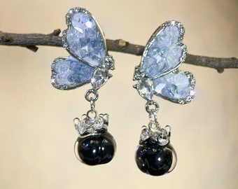 Butterfly Blueberry Earrings Glass Fruit Earrings Food Jewelry Shiny Earrings Dangle & Drop Earrings Gift For Her Mother's Day Earrings