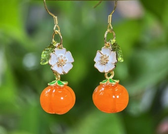 Persimmon Earrings Glass Fruit Food Earrings Jewelry Handmade Gift For Her Dangle & Drop Earrings Birthday Gift Cute Kawaii Stud Earrings