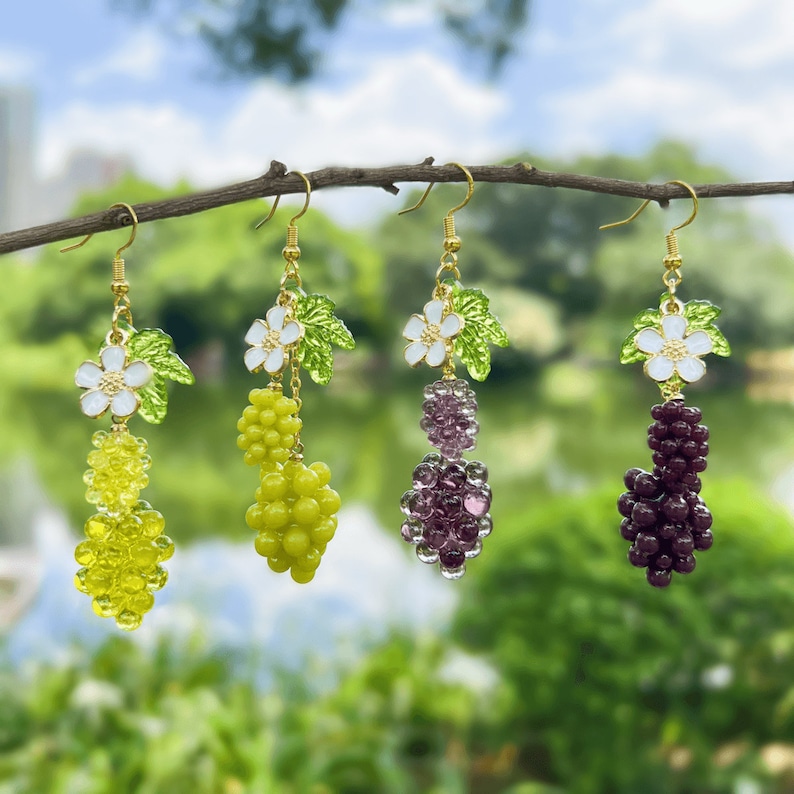 Grape Earrings Food Dangle Earrings Cute Kawaii Drop Earrings Jewelry Gift For Women Handmade Fruit Earrings Birthday Gift Daughter Earrings image 3